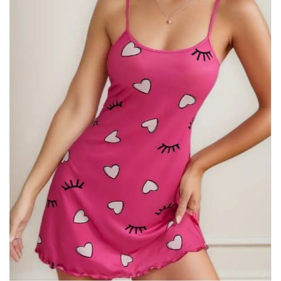 Cute Heart & Eyelash Print Lettuce Trim Slip Nightdress-Pink, Spaghetti Straps - Picture 3 of 4